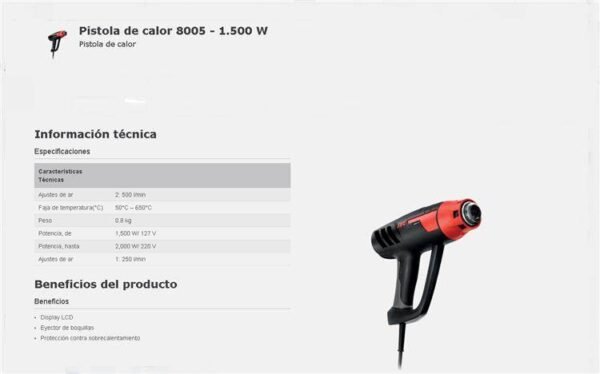 SKIL Pistola de Calor 2.000W – Temperaturas 50°C-650°C  – Ajustes de Aire 1/2 : 250l/min – 500l/min + Boquillas