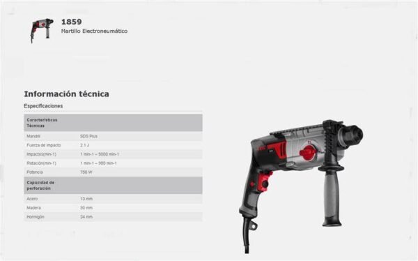 SKIL Martillo Perforador SDSplus – 2,1J – Cap. de Perf. Acero/ Madera/ Mamposteria: 13/30/24 – Peso: 3,1kg. Maletín, Mandril + Puntas