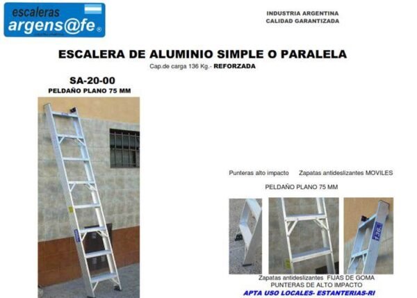 ARGENSAFE escalera aluminio simple apoyo 1 hoja  7 pel. 2,1 mts 136kg
