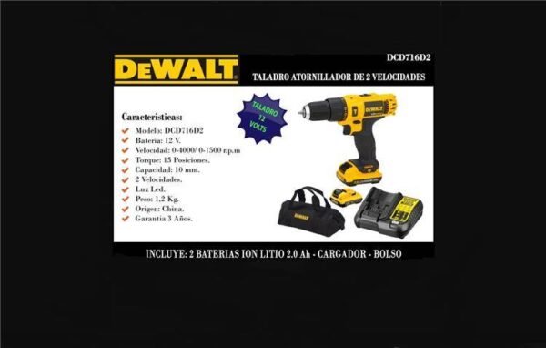 DEWALT -Taladro Atornillador DCD-716D2 12V-10mm-perc-Litio