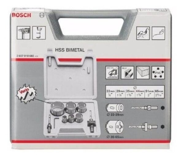 BOSCH Set juego Sierra Copa Bim 9 Pz  (6 Copa, 2 adap.hex + broca, 1 llave hex) – Mal. Plástico