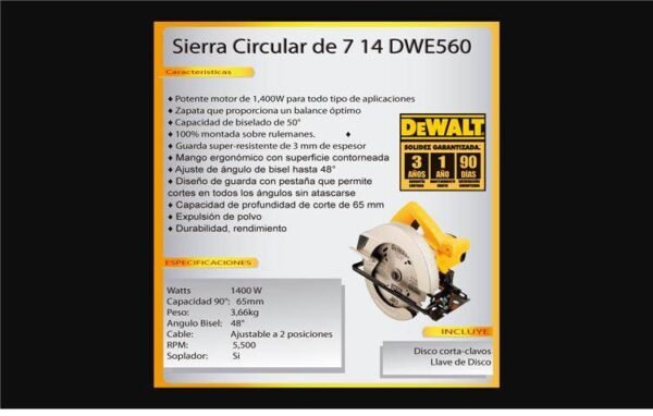DEWALT -Sierra circular DWE-560 7.1/4′-5500rpm-1400W