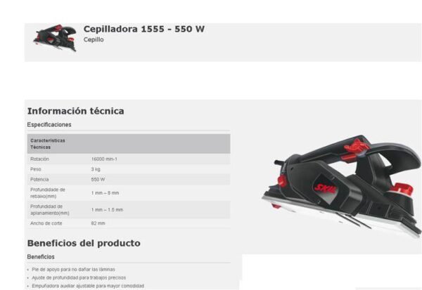 SKIL Cepillo electr 550W -16.000rpm –  0 a 1,5mm – Rebaje: 0 a 8mm