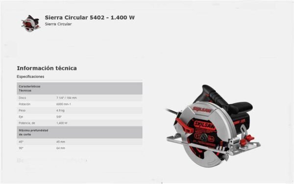 SKIL Sierra Circular 7 1/4” –  1400W – 6.000rpm – Profundidad de Corte: 90°:62mm / 45°:49mm