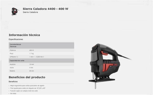 SKIL Sierra Caladora 400W – 800/3.000cpm – Cap. de Corte madera/aluminio/acero: 65/10/4